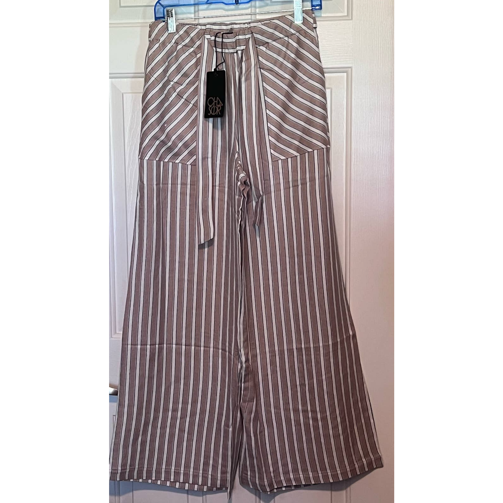Chaser Women's Striped Tan White Blue Wide Leg Pull-On Belted Pants Size S